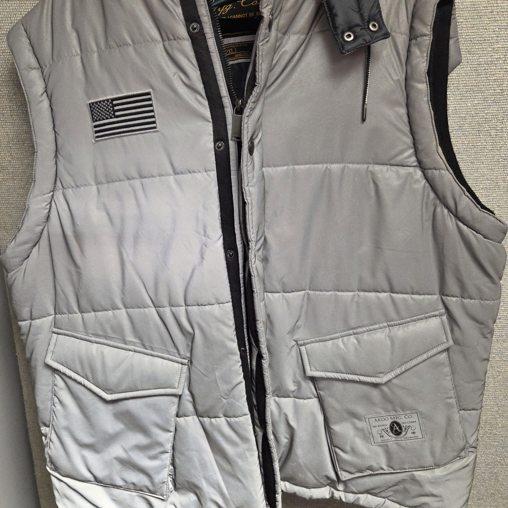 Akoo Silver Puffer Vest with Patch Detail